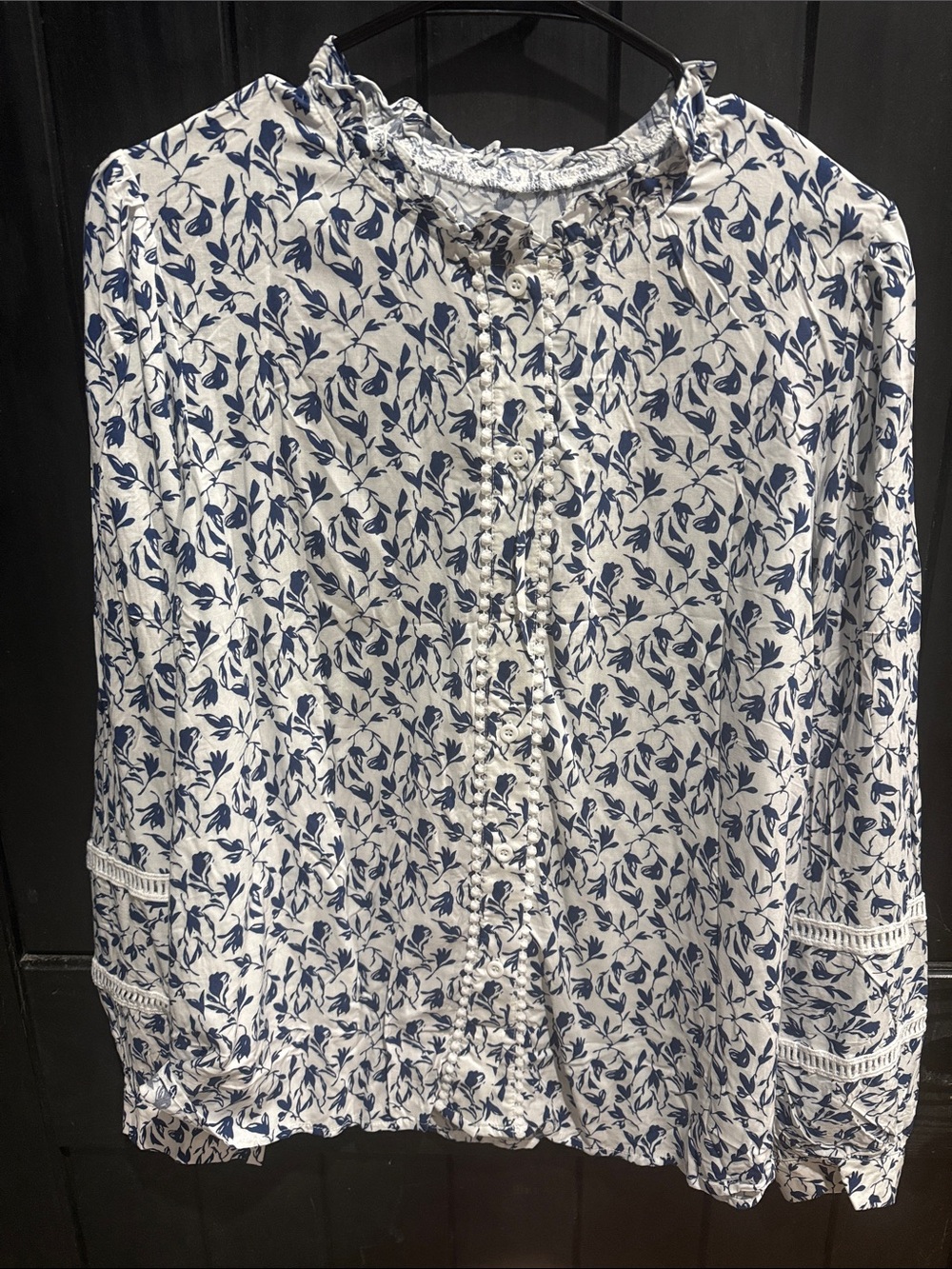 Women’s White Blouse with Blue Floral Print and Ruffle Trim